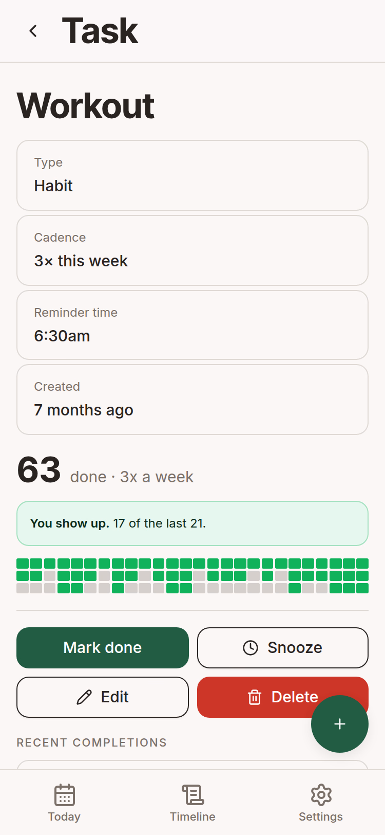 Habit detail for Workout — type, cadence of three times a week, reminder time, created date, a lifetime count of 63, a "you show up" callout reading 17 of the last 21, and a completion heatmap with scattered gaps and a clean run at the end