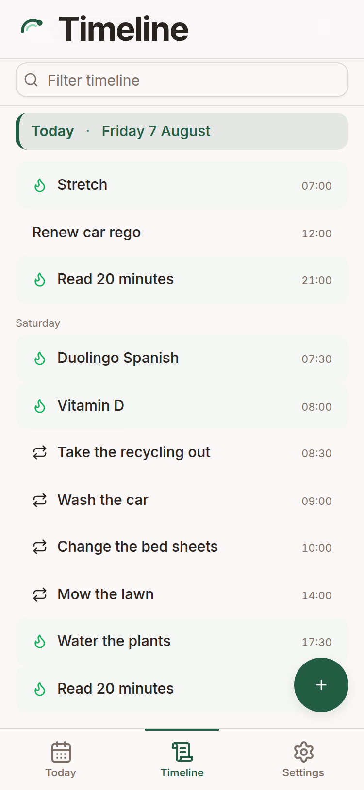 Timeline scrolled to the current day, then Saturday, mixing habits with recurring chores: recycling, washing the car, changing the bed sheets and mowing the lawn, each with its reminder time